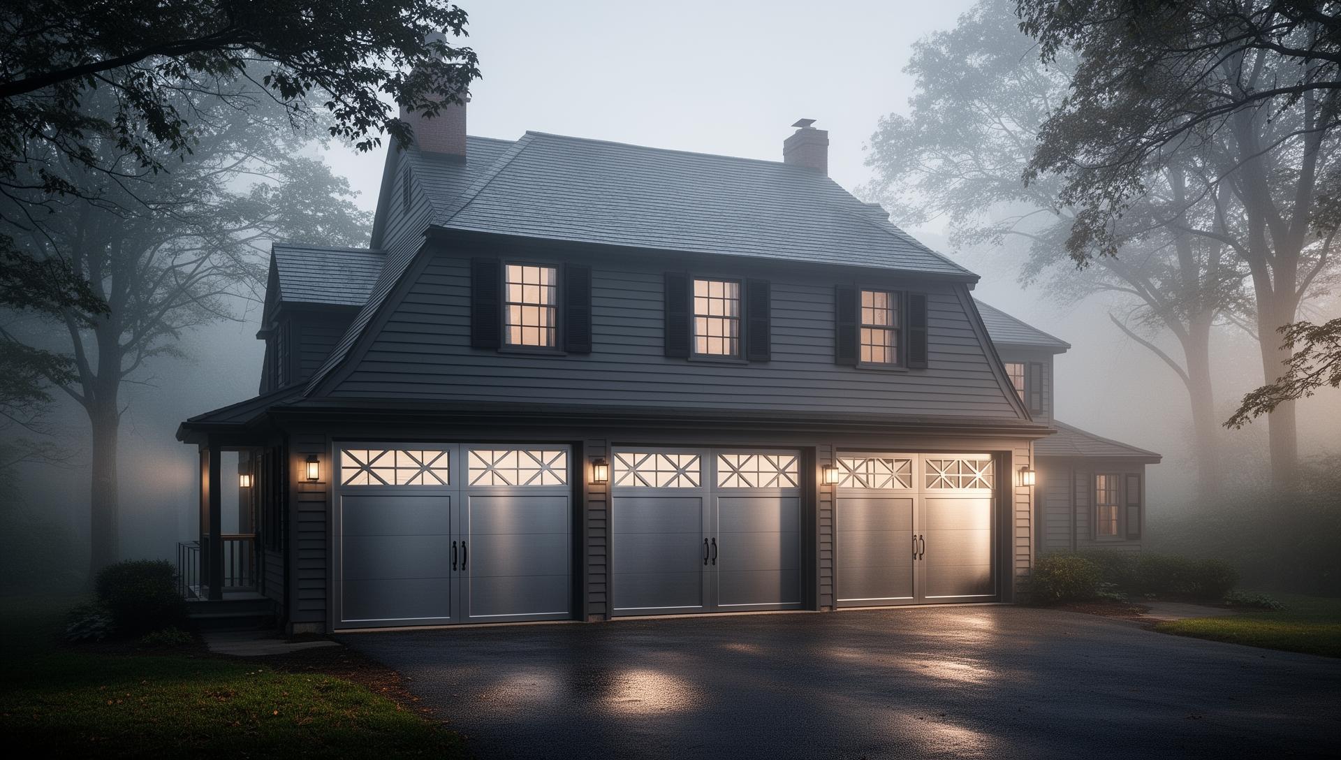 Professional mid-century modern garage doors with geometric window patterns on New England colonial home